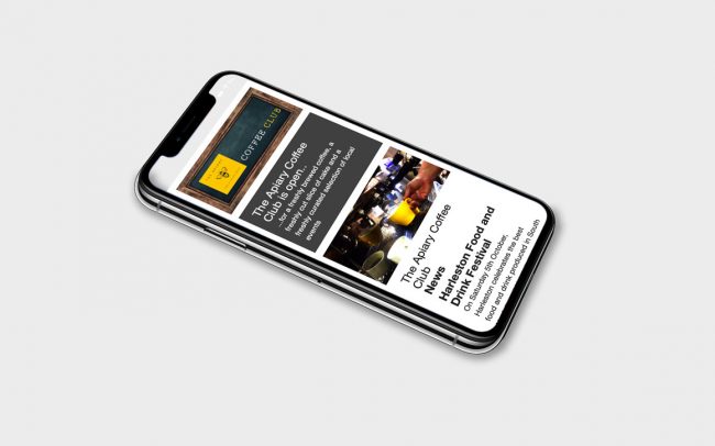 Iphone showing ‘Coffee Club’ email for The Apiary Cake & Coffee House created by ad agency Greenwood&Bell