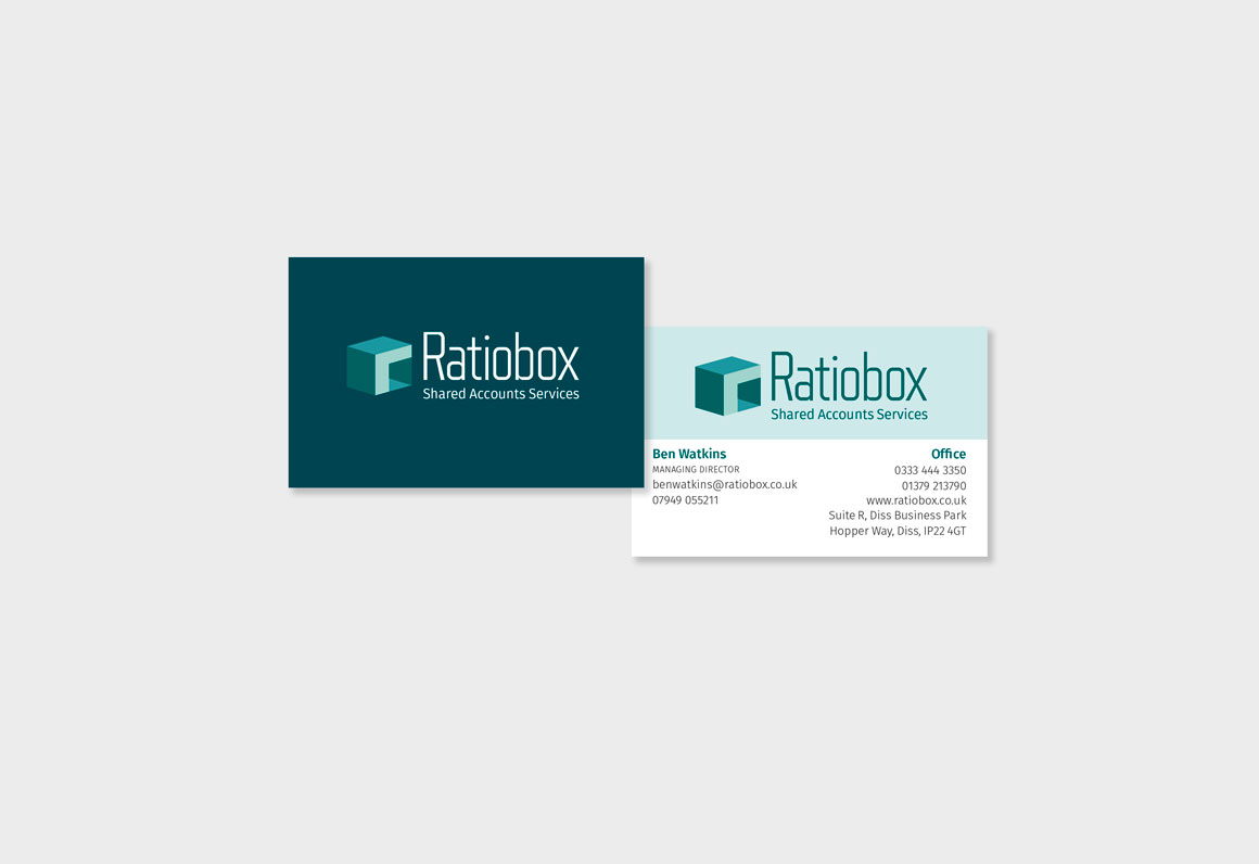 Business cards for Norfolk accountancy company Ratiobox by identity design agency Greenwood&Bell